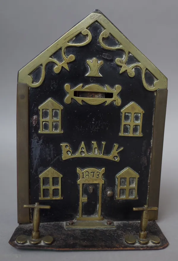 A Victorian 'Bank' brass mounted metal money box, dated '1873' to the front, 19cm high,