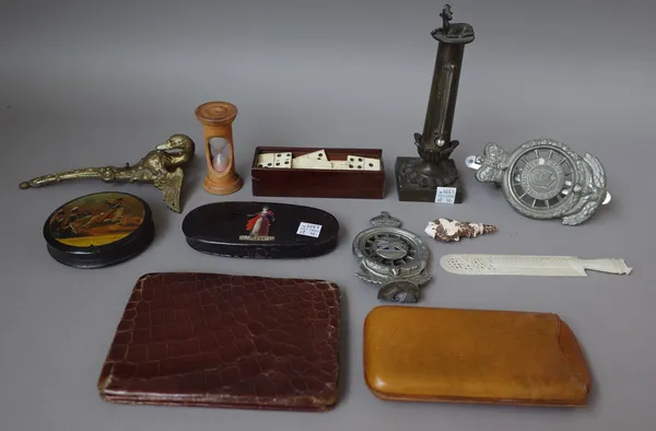 A quantity of collectables including a set of early 19th century pocket scales in a painted metal case, 13.2cm wide, a papier mache circular box and c