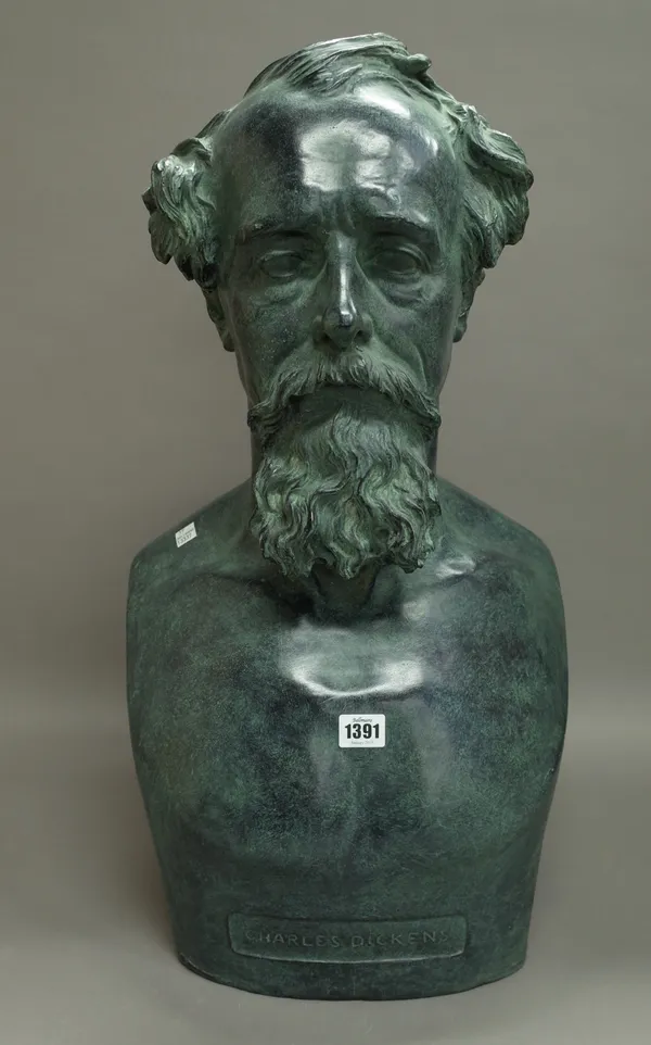 A modern 'bronzed' ceramic bust of 'Charles Dickens' incised to the rear 'A.G WOOLNER' Copyright June 1908' 65cm high.