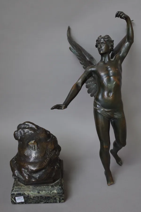 After H. Dallion, a French bronze figure of 'Triomphe', late 19th century, signed to the cast on a marble plinth, (a.f.), 60cm high.