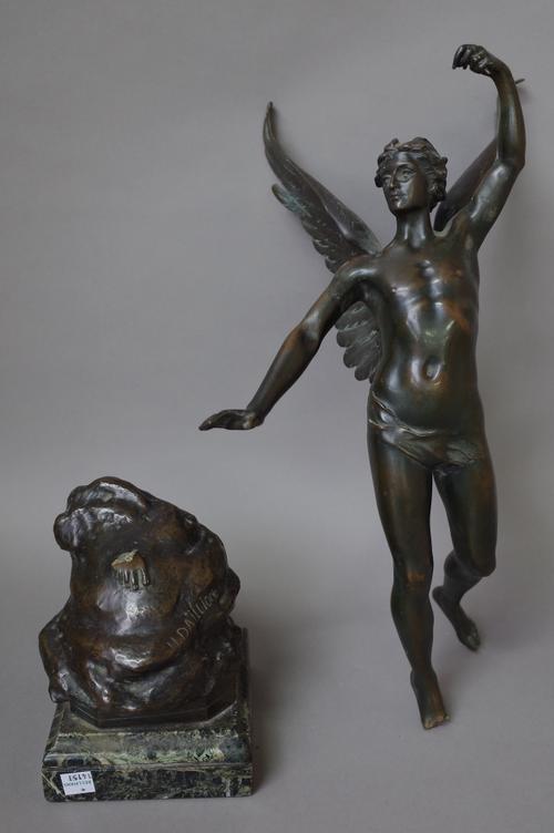 After H. Dallion, a French bronze figure of 'Triomphe', late 19th century, signed to the cast on a marble plinth, (a.f.), 60cm high.