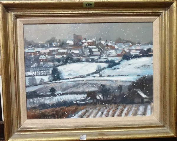 Charles Hardaker (b.1934), Snowscape, oil on canvas, signed, 29cm x 39cm.