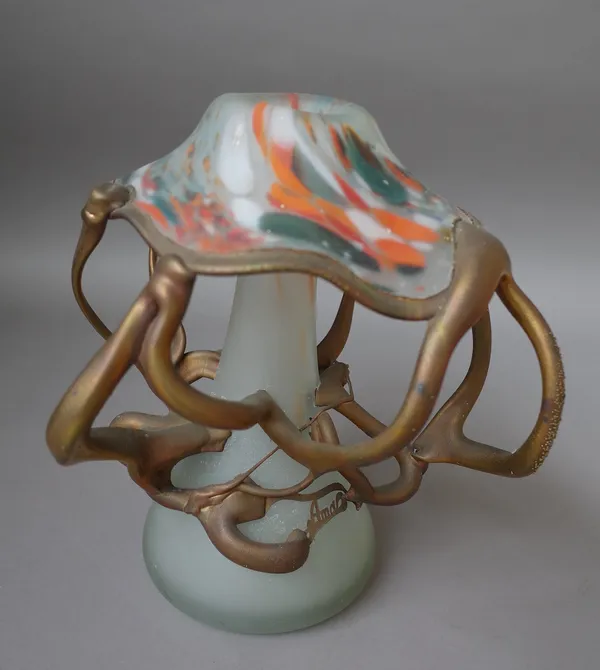 An opaque, gilt and coloured glass mushroom vase, indistinctly signed, 29cm high.