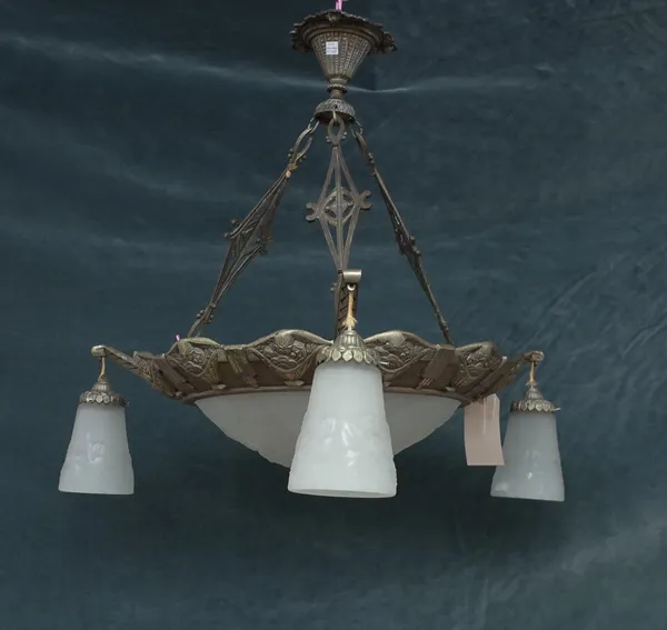 A Muller Fres Luneville gilt metal and frosted glass Art Deco chandelier, circa 1930, the foliate moulded dish held in a metal circlet issuing three b