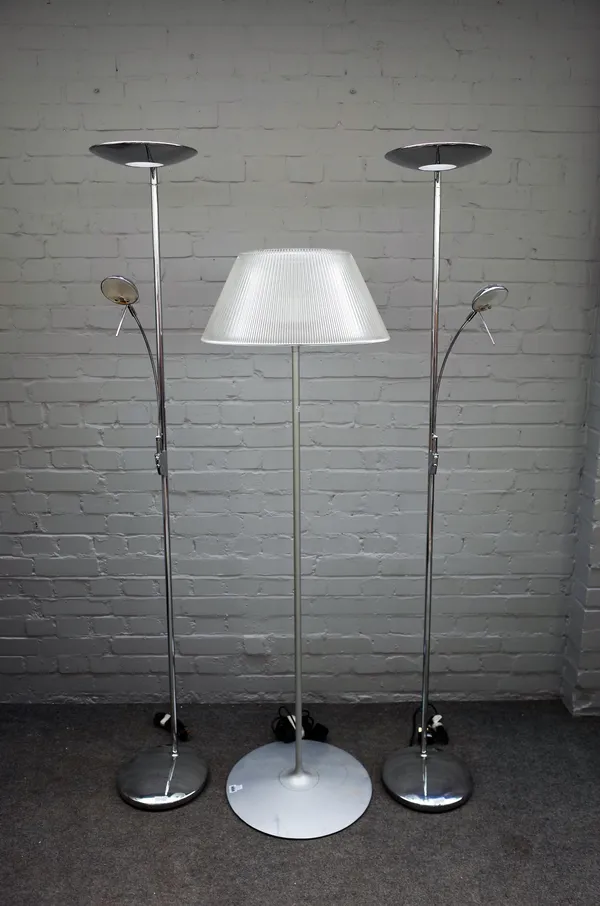 A modern aluminium and glass standard lamp with circular pleated glass shade (158cm high) and a pair of modern chrome Lexington uplighters, each with