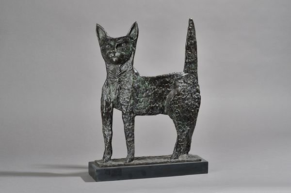 Graham Knuttel (Irish born. 1954) 'Attitude' patinated bronze cat, indistinctly signed to the cast, on a rectangular grey slate plinth, bronze 41cm hi