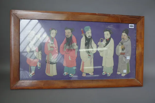 A Chinese textile picture, early 20th century, depicting six figures against a felt ground, framed and glazed, 77cm x 42cm.