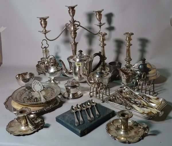 Silver plated wares, including; flatware, teapots, candlesticks, trays cruet sets and sundry, (qty).