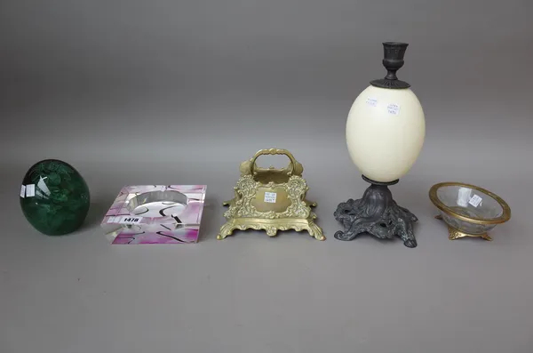 A 19th century style metal candlestick with 'Ostrich egg' mount, 30cm high, eight gilt engraved coloured glass eggs on gilt metal stands, eight glass