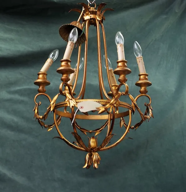 A modern gilt metal and wooden mounted six branch chandelier of open frame form, the circlet issuing six branches united by a band of laurel leaves, 7