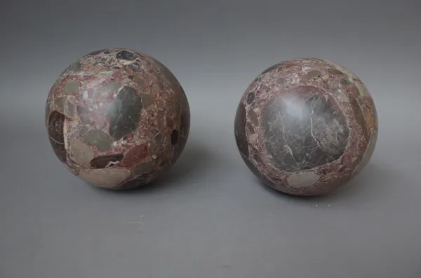 Two Breccia marble balls or pier finials, 14cm diam.