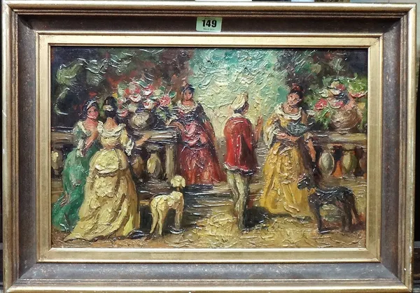 Continental School (20th century), Elegant company on a terrace, oil on panel, 25.5cm x 40cm.