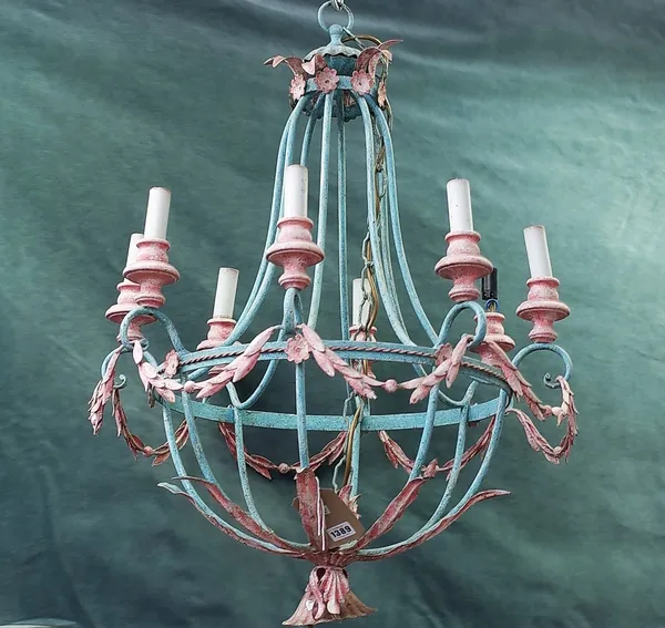 A modern painted metal eight branch chandelier of circular open frame form, turquoise and pink painted, the sconces united by garlands, 82cm high and