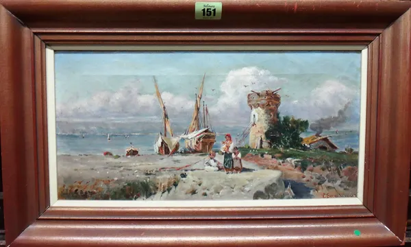 L** Boraström? (20th century), Fisherfolk on the coast, oil on canvas, indistinctly signed, 20cm x 38cm.