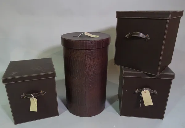 A 20th century faux crocodile leather cylindrical box, 38cm wide x 65cm high, and a group of three 20th century faux leather cube boxes, 36cm wide x 4