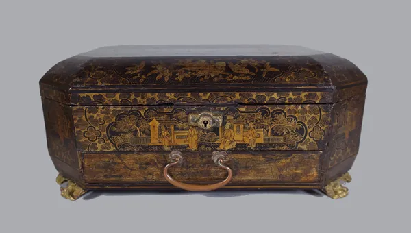 A 19th century Chinese Canton export chinoiserie decorated octagonal lacquer sewing box, lacking interior fittings, gilt paw feet, 35cm wide, 15cm hig