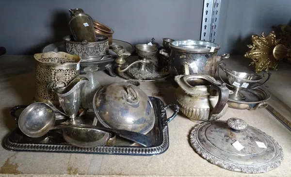 Silver plated wares, including; cocktail shaker, tray, jugs, candlesticks and sundry, (qty).