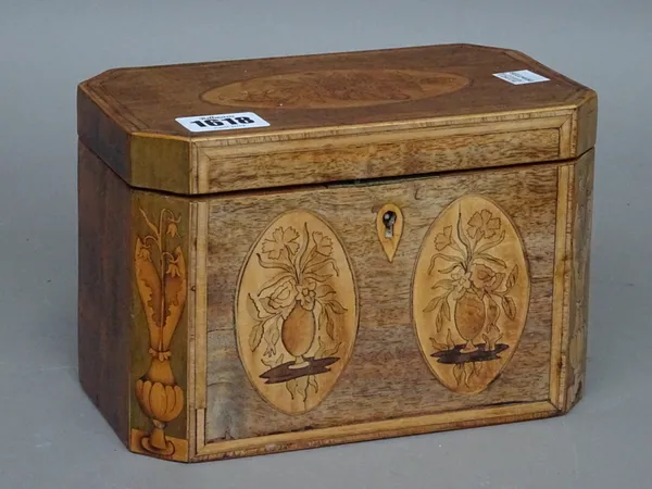 A George III inlaid mahogany tea caddy, of canted rectangular form with twin lidded interior, 19cm wide x 13cm high, together with a Victorian Tunbrid