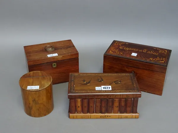 A 19th century Sorrento ware puzzle box, formed as a row of books, 23cm wide x 11cm high, two rosewood tea caddies and a walnut oval box, 12cm high, (