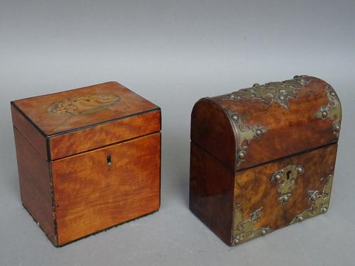 A George III conch shell inlaid satinwood cube tea caddy, 11cm wide x 12cm high, together with a Victorian brass mounted walnut dome top box, 12cm wid
