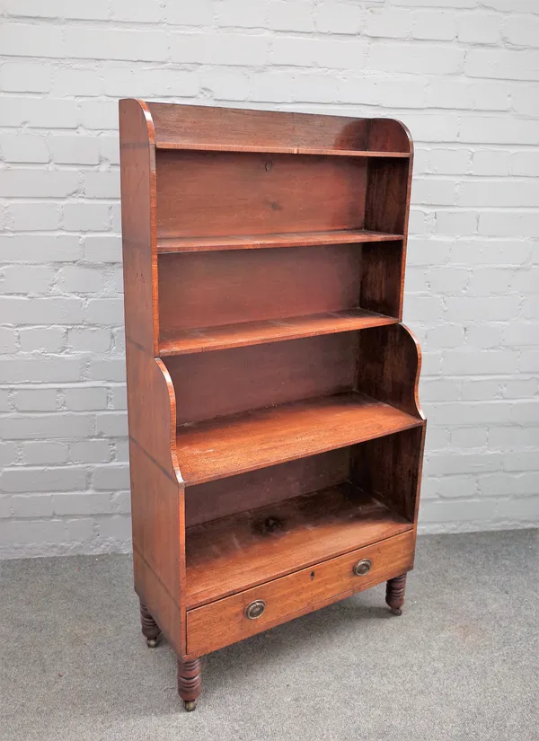 A William IV rosewood banded mahogany open five tier water fall bookcase with single drawer 61cm wide x 118cm high.