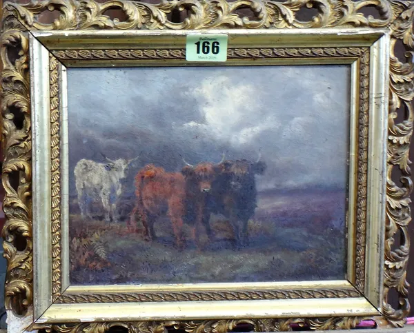 Follower of Louis Bosworth Hurt, Highland cattle, oil on canvas, 18cm x 22cm.