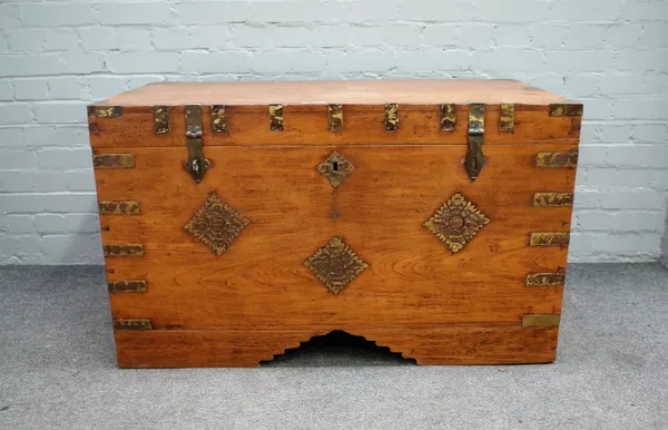 A 19th century Indian brass mounted teak trunk, with fitted interior, 112cm wide x 66cm high.