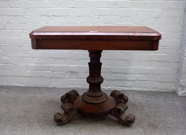 An early Victorian mahogany card table on fluted column and four scroll feet, 90cm wide x 75cm high.