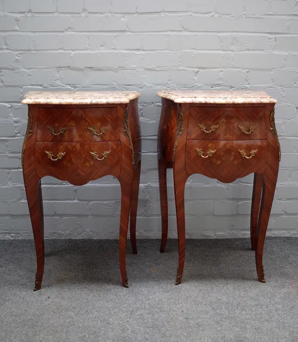 A pair of Louis XV style floral marquetry inlaid kingwood marble top bedside tables, each with bombe three drawer base on cabriole supports, 48cm wide