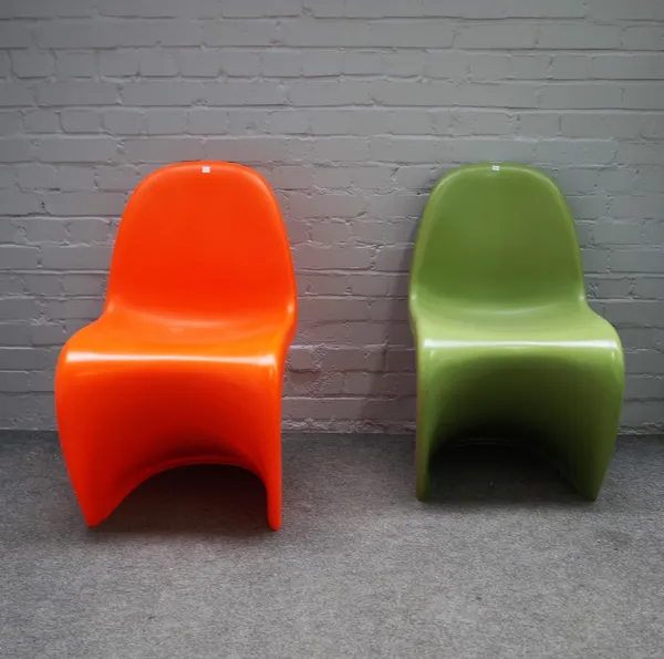 Verner Panton; two late 20th century Panton chairs, green and orange 50cm wide x 83cm high, (2).