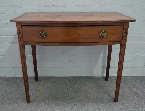 A George III inlaid mahogany bowfront single drawer side table, on tapering square supports, 91cm wide x 77cm high,