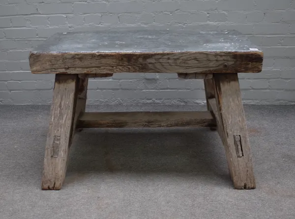 A metal topped bleached oak rectangular work bench/coffee table on heavy square supports, 99cm wide x 64cm high.