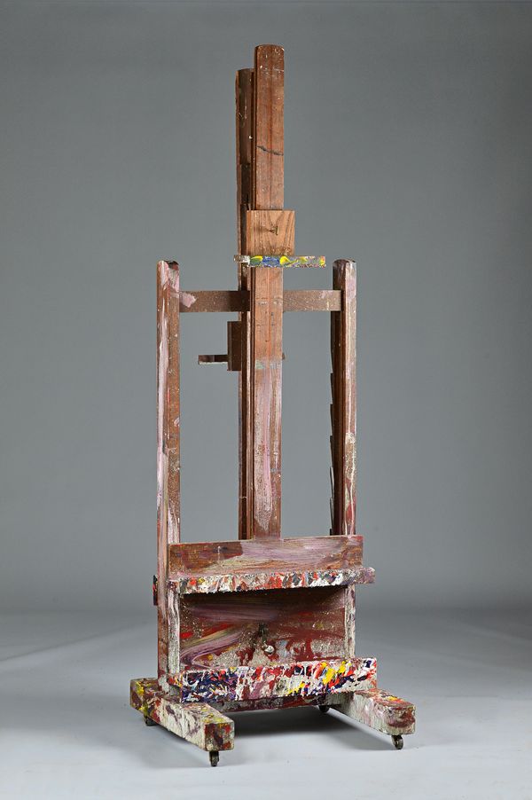 A 20th century double sided 'H' framed artist's easel with ratchet height adjustment, 70cm wide at base. Illustrated.