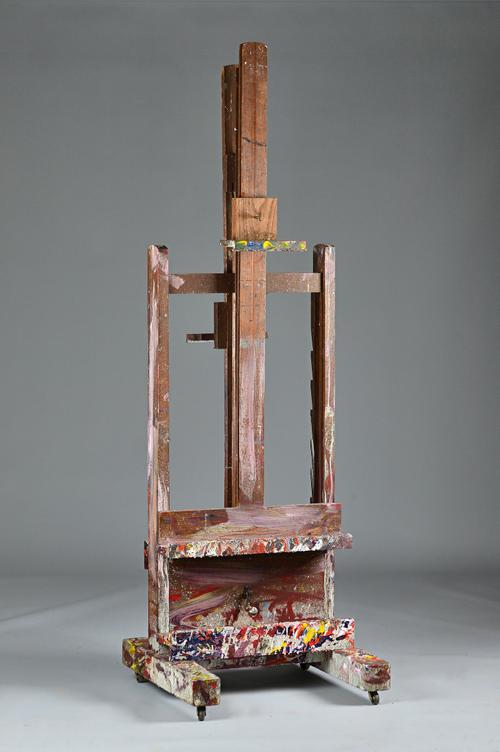 A 20th century double sided 'H' framed artist's easel with ratchet height adjustment, 70cm wide at base. Illustrated.
