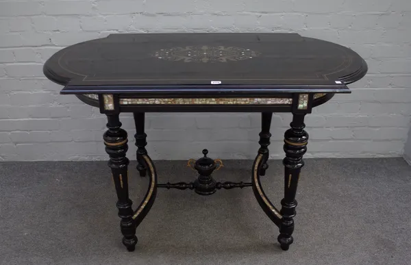 A mid-19th century mother-of-pearl and brass inlaid ebonised centre table, on turned supports, united by stretcher, 125cm wide x 75cm high, together w