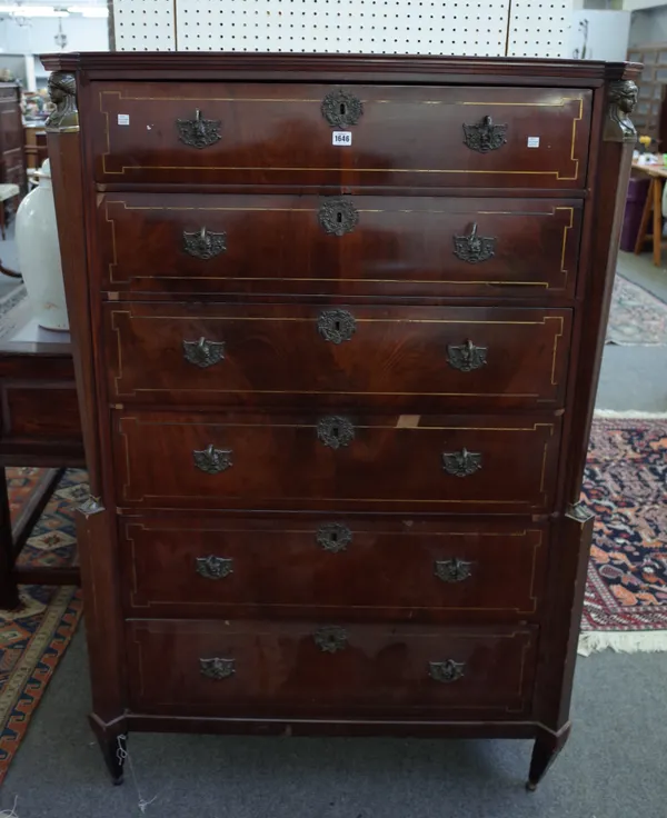 An early 19th century French brass inlaid mahogany tall six drawer chest with caryatid moulds, 100cm wide x 153cm high.