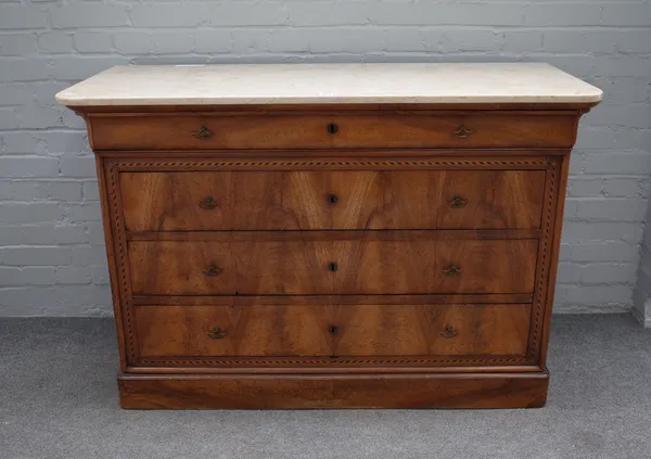 A 19th century French commode, the marble top over an inlaid walnut base of four long graduated drawers, 129cm wide x 87cm high.