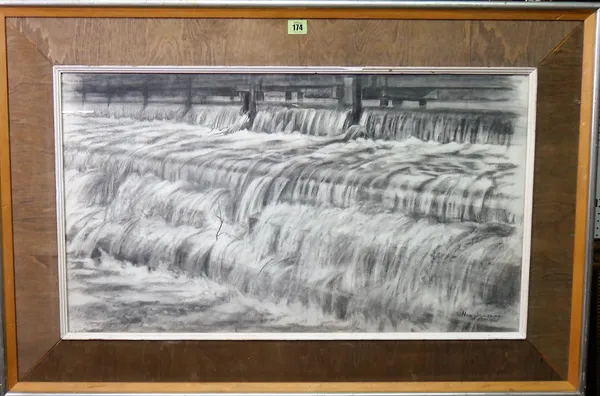 Nan Youngman (1906-1995), The Weir on the Thames near Weybridge, charcoal, signed and dated 1961, 44cm x 77.5cm. DDS