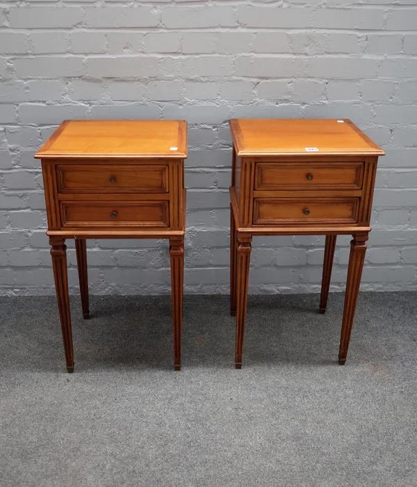 A pair of Louis XVI style fruitwood two drawer bedside tables on tapering square supports 39cm wide x 71cm high (2).