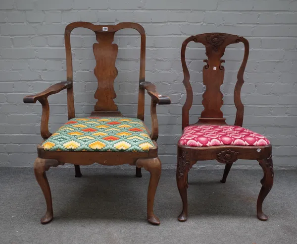 A George I walnut vase back open armchair, on pad feet 74cm wide x 107cm high, together with an early 18th century Anglo-Portuguese vase back side cha