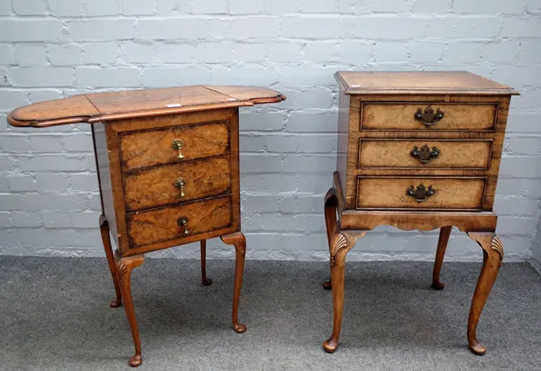 Two mid-20th century figured walnut three drawer bedside tables of George I design, each approximately 38cm wide x 72cm high (2).