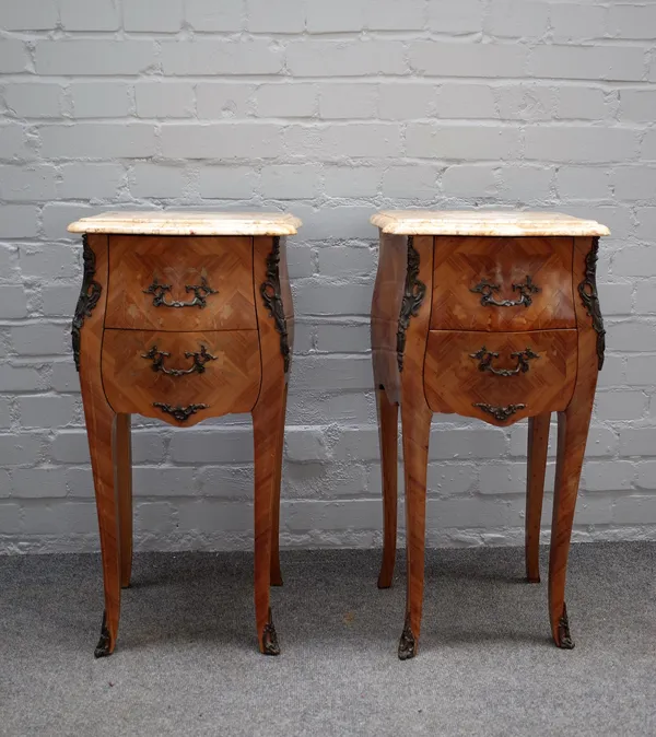 A pair of Louis XV style floral marquetry inlaid kingwood marble top bedside tables with bombe three drawers base on cabriole supports, 36cm wide x 72