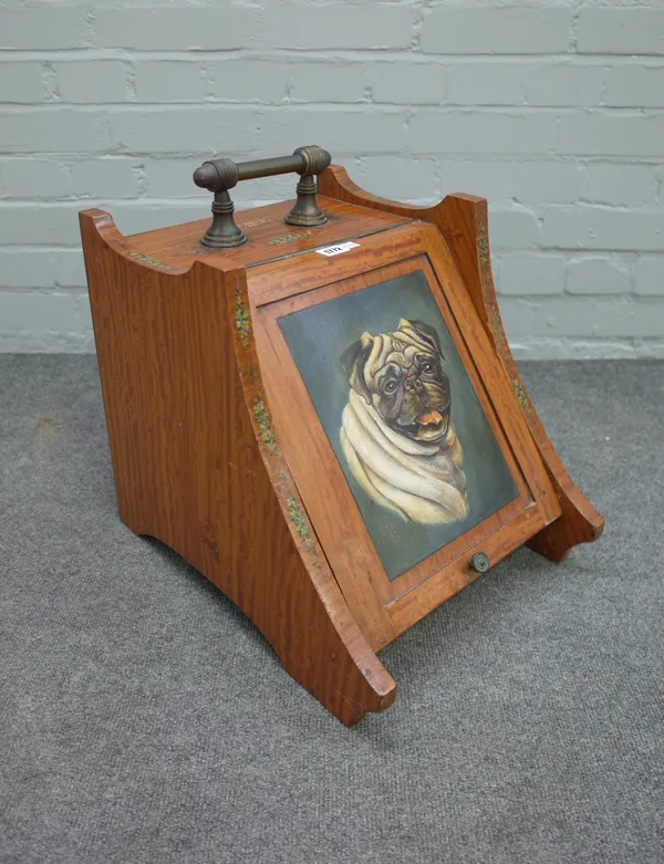 A late 19th century satinwood slope front coal box, later painted with a pug dog, 36cm wide x 40cm high.