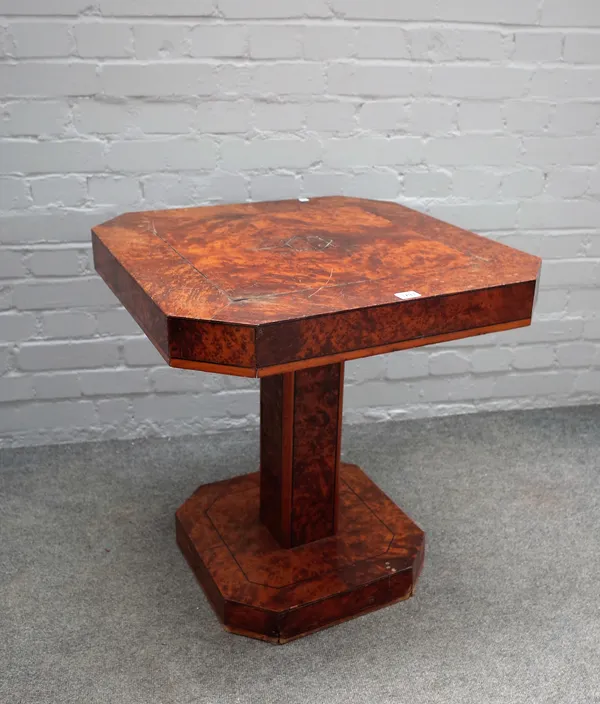 A 20th century bur yew occasional table with canted square top, column and base, 61cm wide x 66cm high.