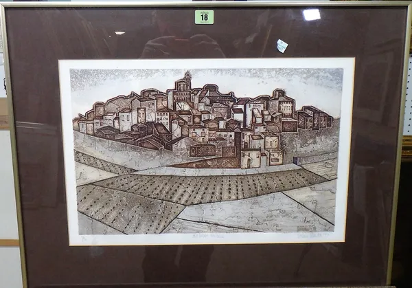 Valerie Thornton (1931-1991), Hill Village, Navarre, etching with aquatint, signed, inscribed and numbered, 30cm x 47cm, together with two further arc