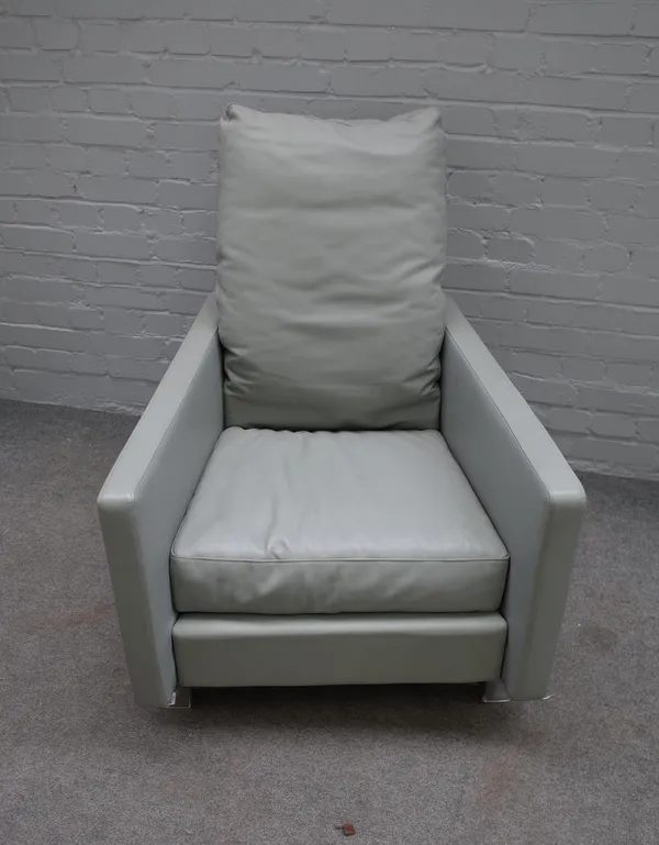 UIBIEFFE; a grey leather upholstered square back easy armchair on metal feet, 76cm wide x 87cm high.