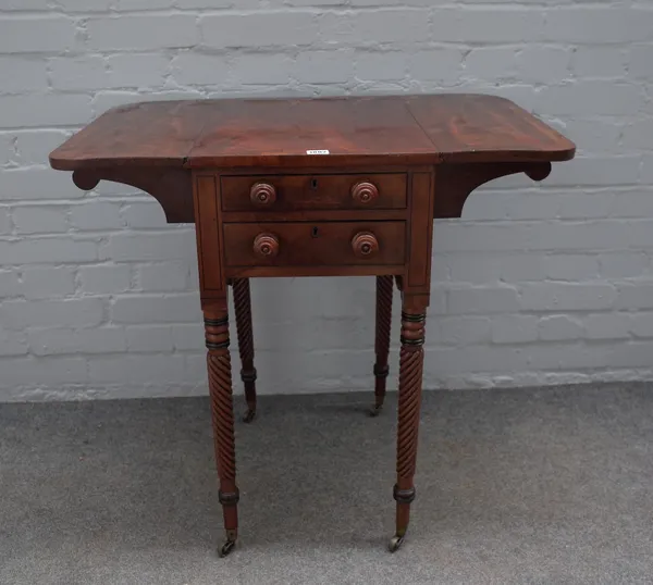 A George III rosewood banded mahogany drop flap work table on spiral fluted supports, 51cm wide x 73cm high.