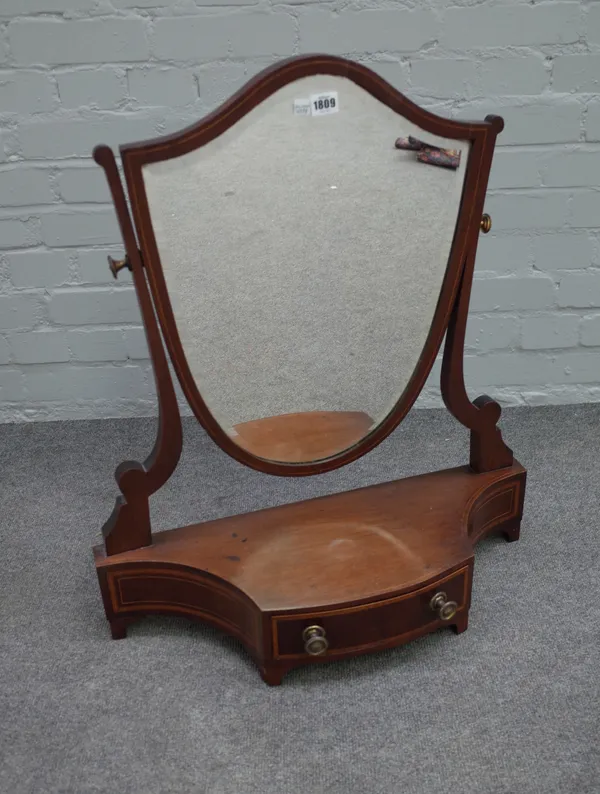 A 19th century inlaid mahogany shield shaped toilet mirror, with single drawer base, 62cm wide x 71cm high.