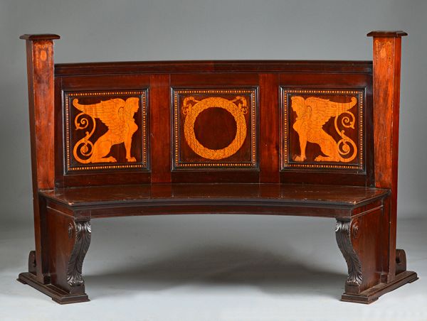 A late 19th century satinwood banded and inlaid mahogany Grecian revival bench of concave form, on acanthus scroll trestle supports, 188cm wide x 129c