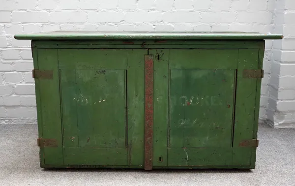 A 19th century green painted pine campaign chest travelling box with pair of doors, 108cm wide x 63cm high.